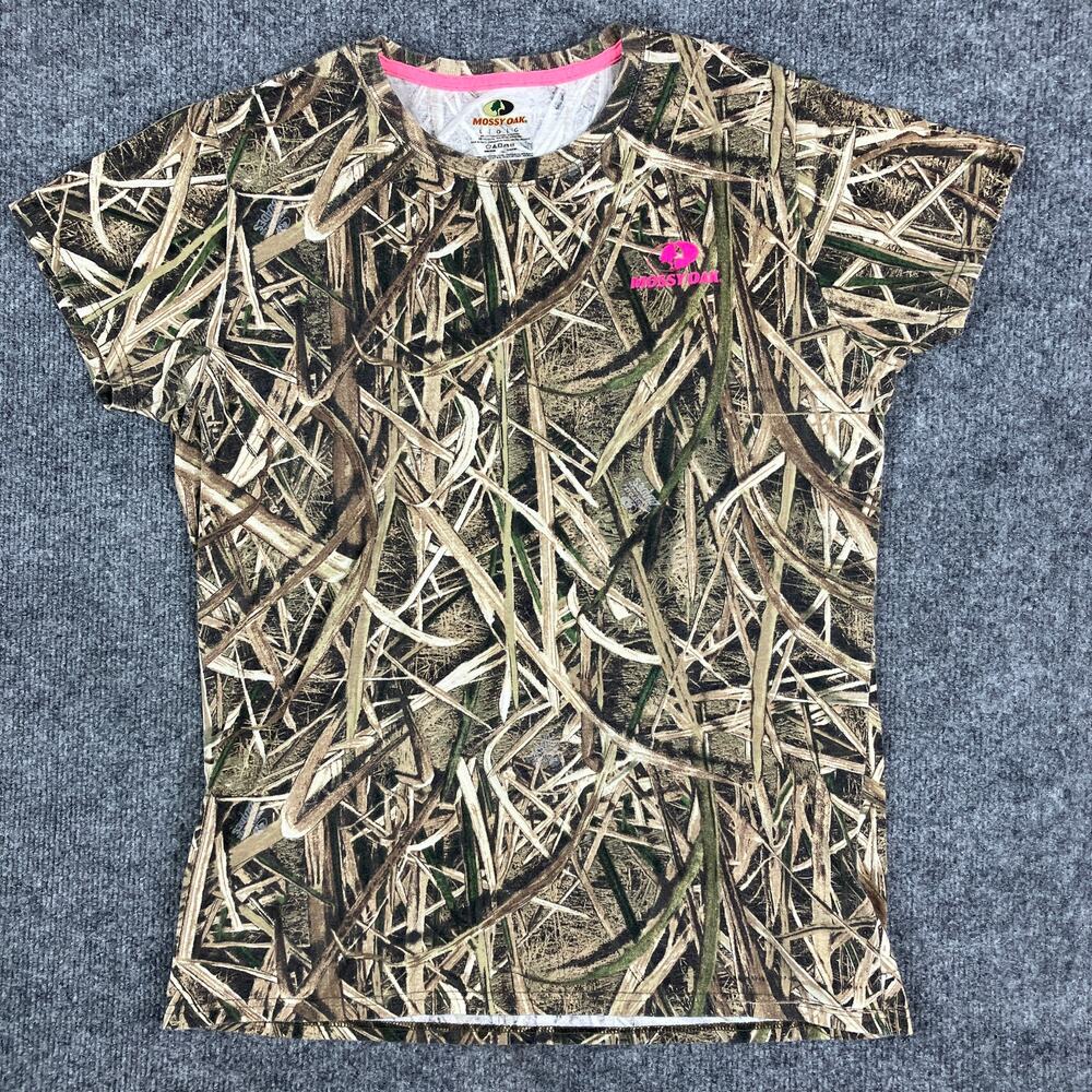 Mossy Oak T-Shirt Womens Size Lโ Camo Short Sleeve Pink Logo Outdoor Hunting